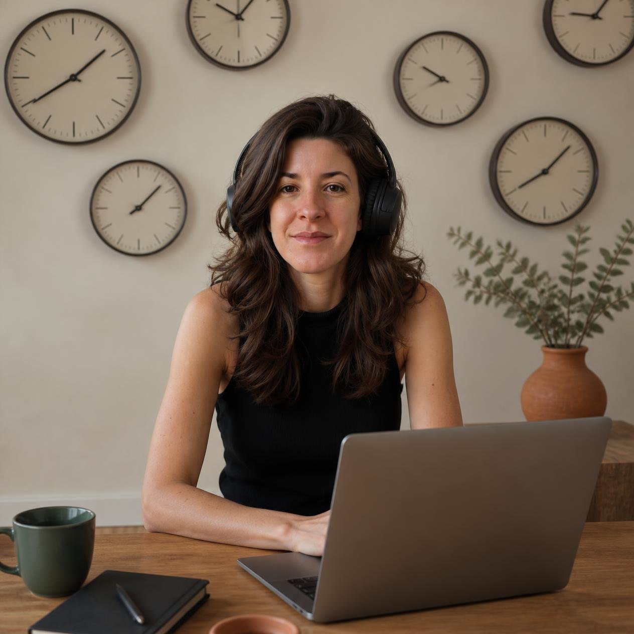 Marina Galhardi, médica de família, com fone de ouvido em frente ao notebook, com relógios marcando fusos horários diferentes ao fundo, representando o atendimento a brasileiros em qualquer lugar do mundo